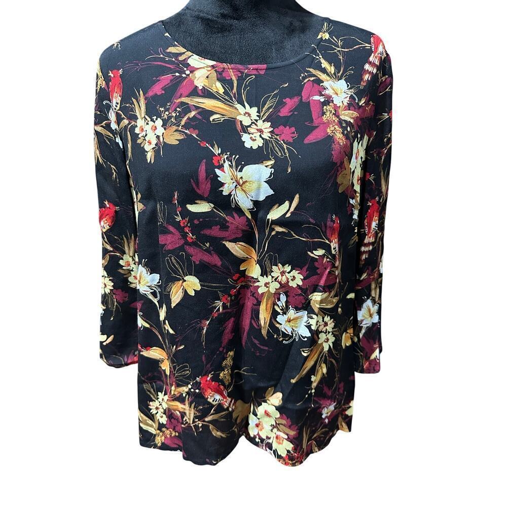 J.Jill Women’s Blouse Top Black Red Floral Bird Medium Bell Sleeve Dark Romantic